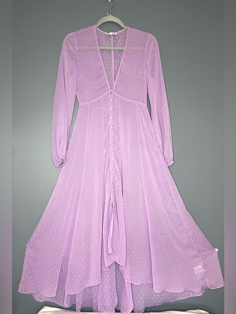 Express X Rocky Barnes Dress XS Purple Sheer Chiffon Maxi Flowy Fairy Gypsy - Picture 15 of 15